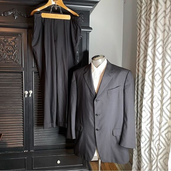 Canali charcoal pinstripe single‎ vent flat front suit 56R Italy 46R US 40X30 - Picture 1 of 10